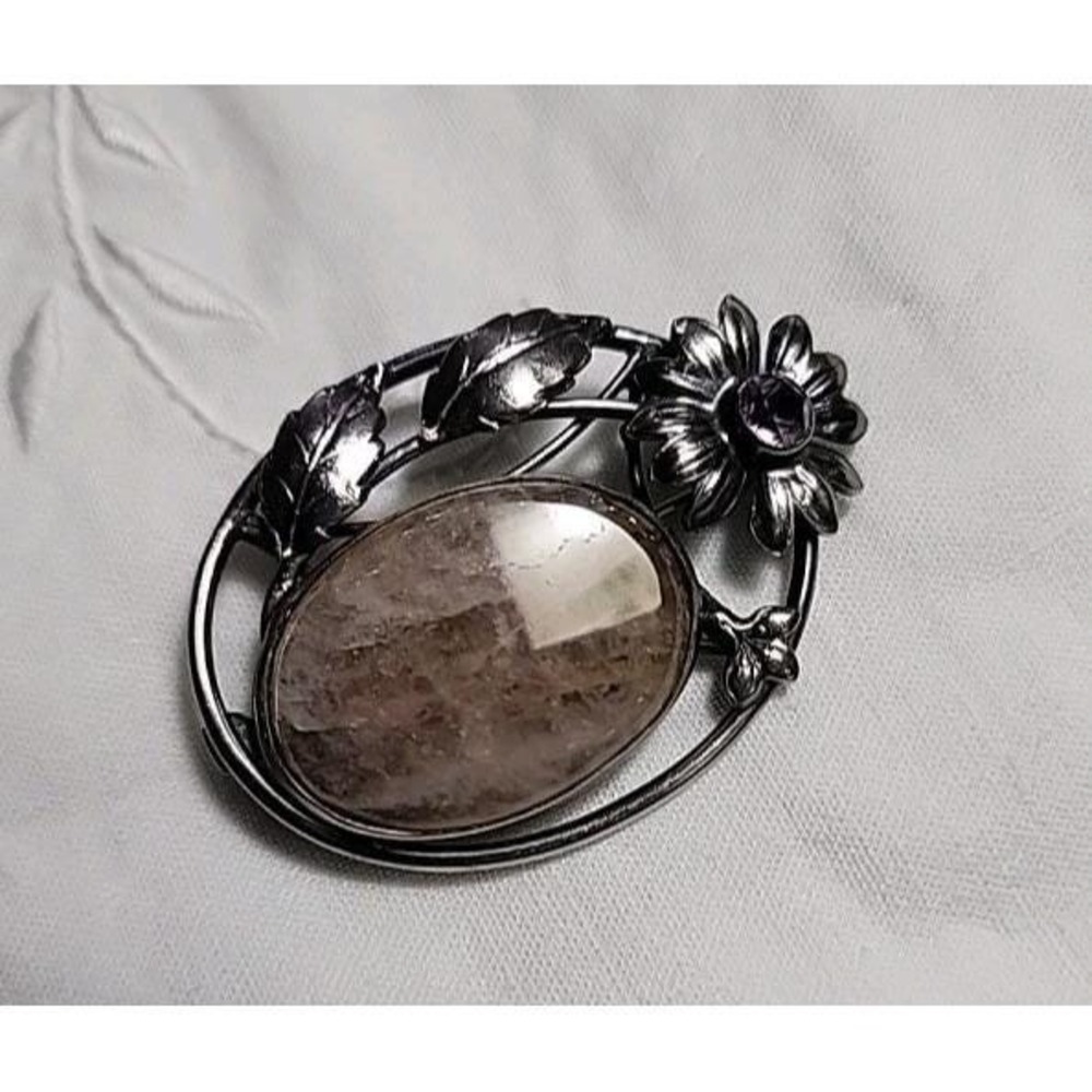 Vintage Sterling Silver Rutilated Quartz Amethyst Flower Brooch Pin Floral 1.5"